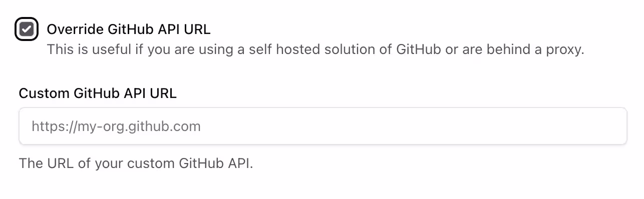 Screenshot of UI showing how to use a custom GitHub URL for Nx Agents