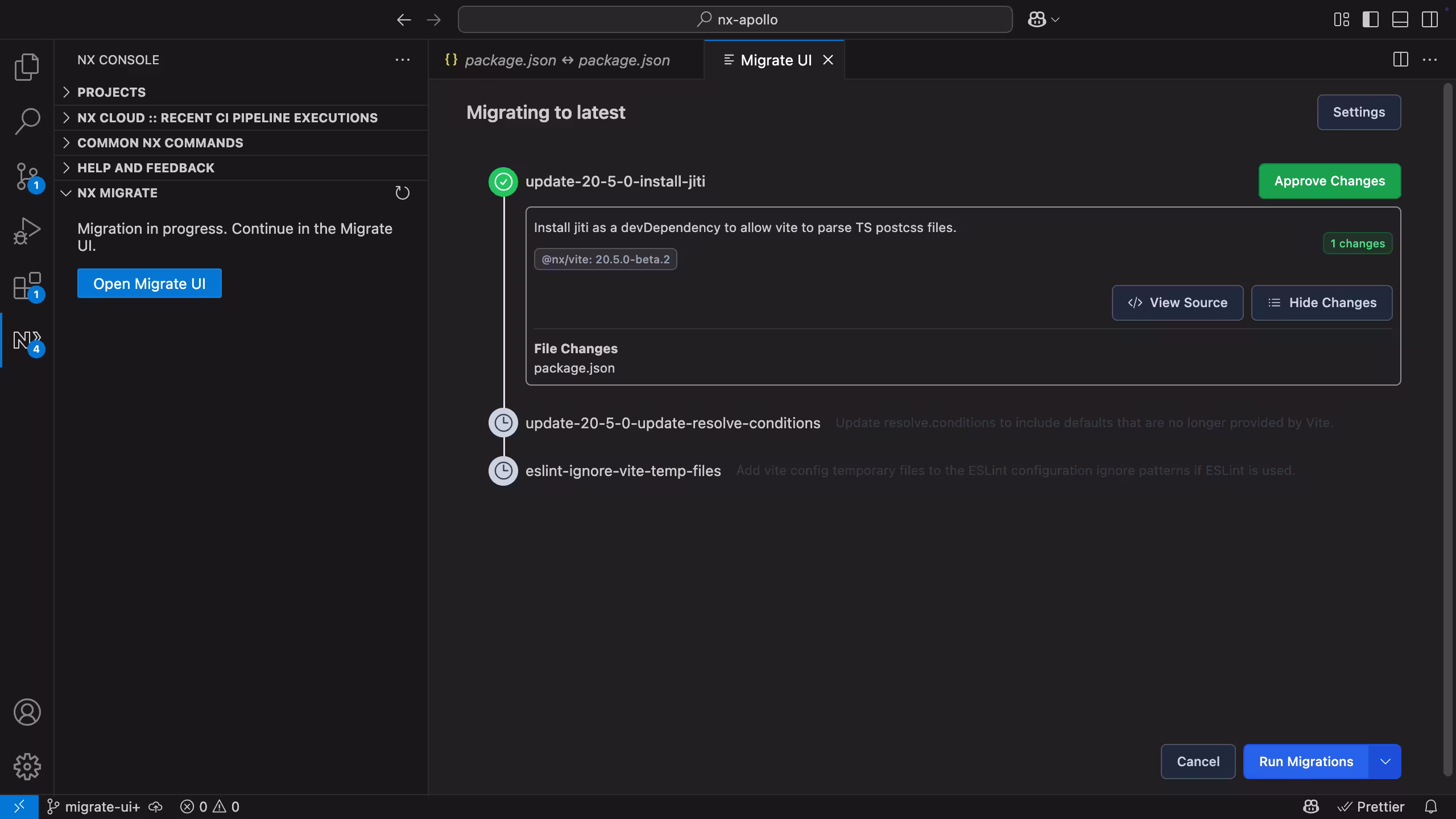 Screenshot of Nx Console's Migrate UI showing a list of migrations to approve.
