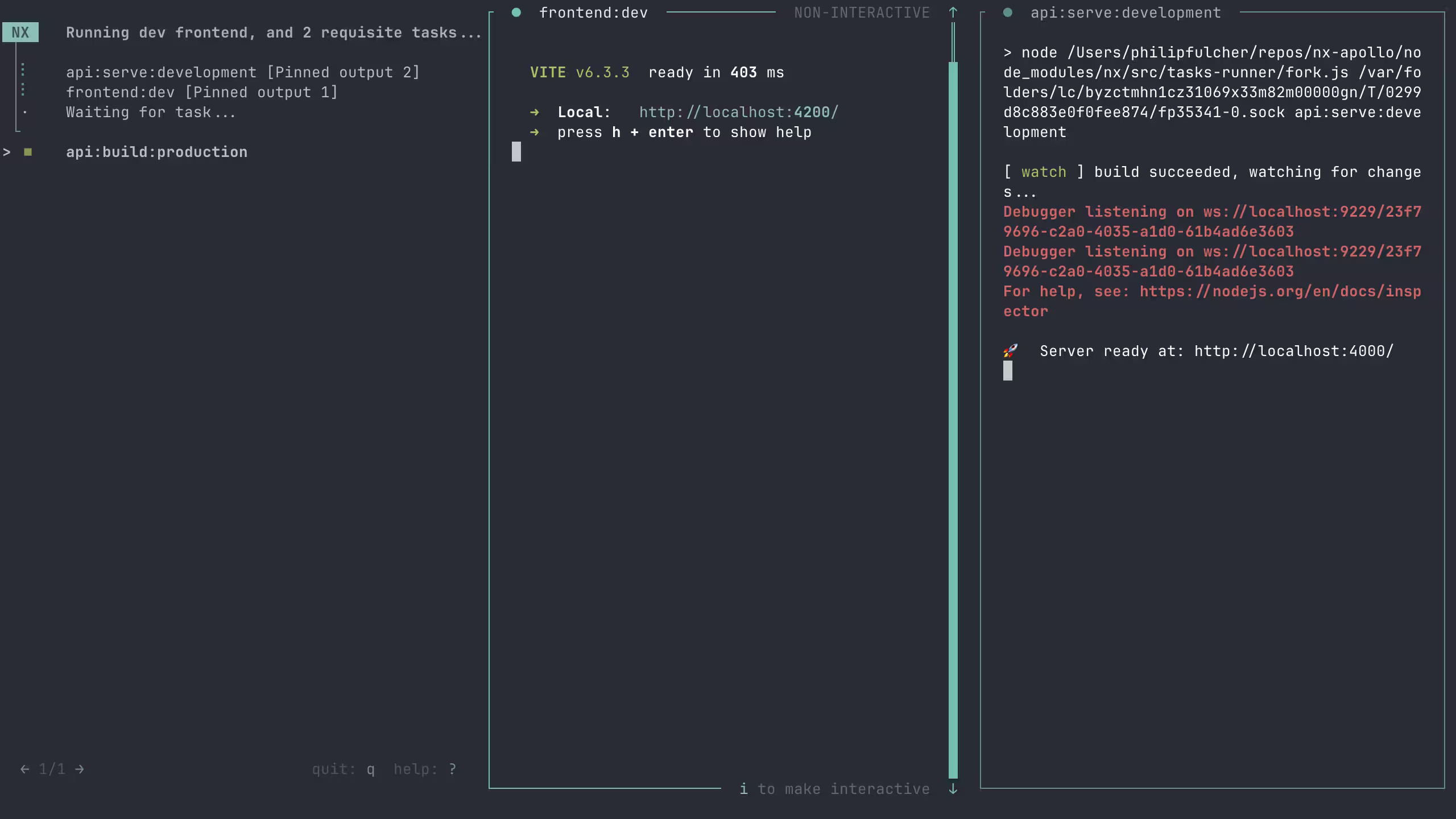 Screenshot of Nx Terminal UI showing a task list on the left and log output on the right.