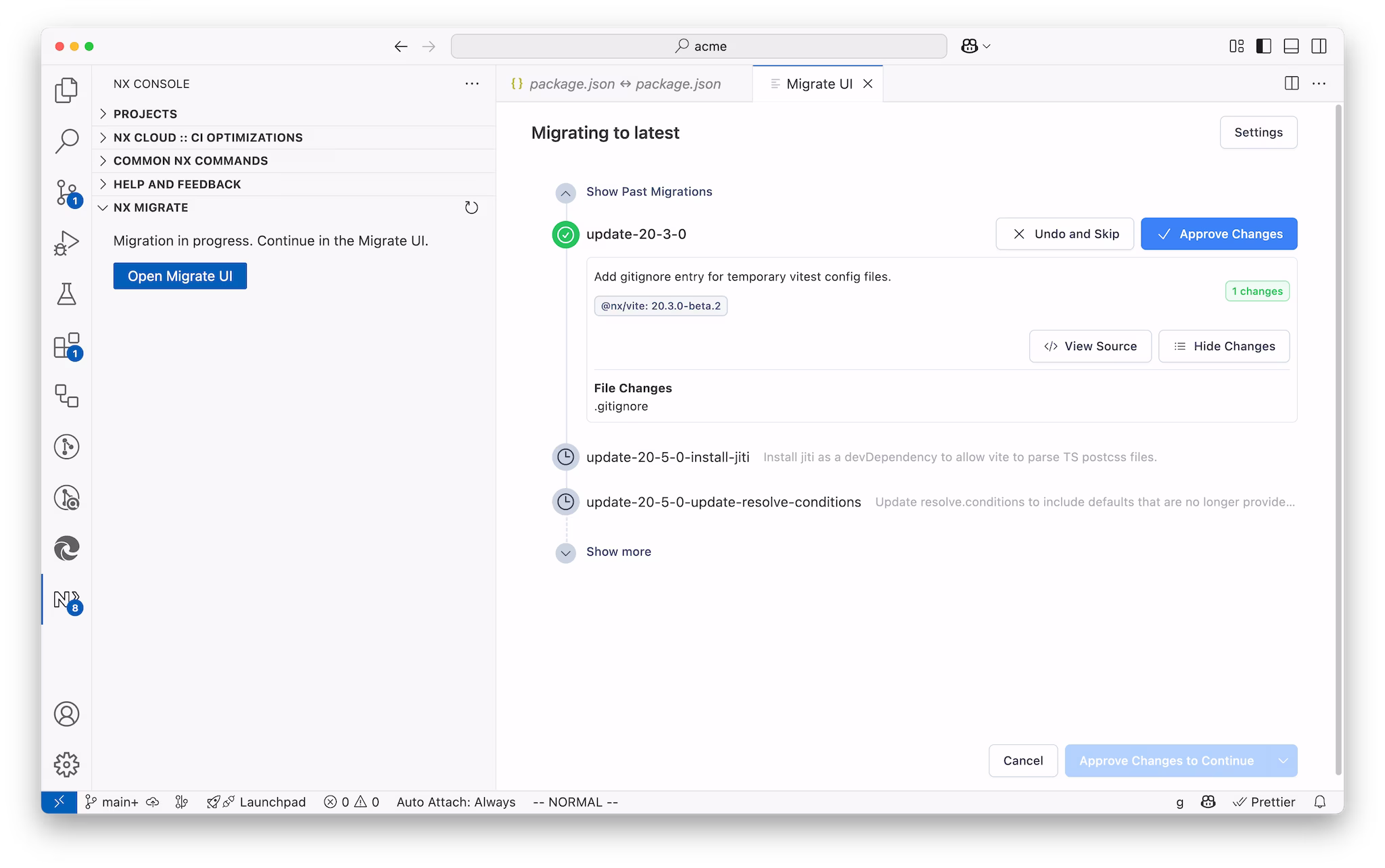 Screenshot of Migrate UI in Nx Console showing a list of migrations with details.
