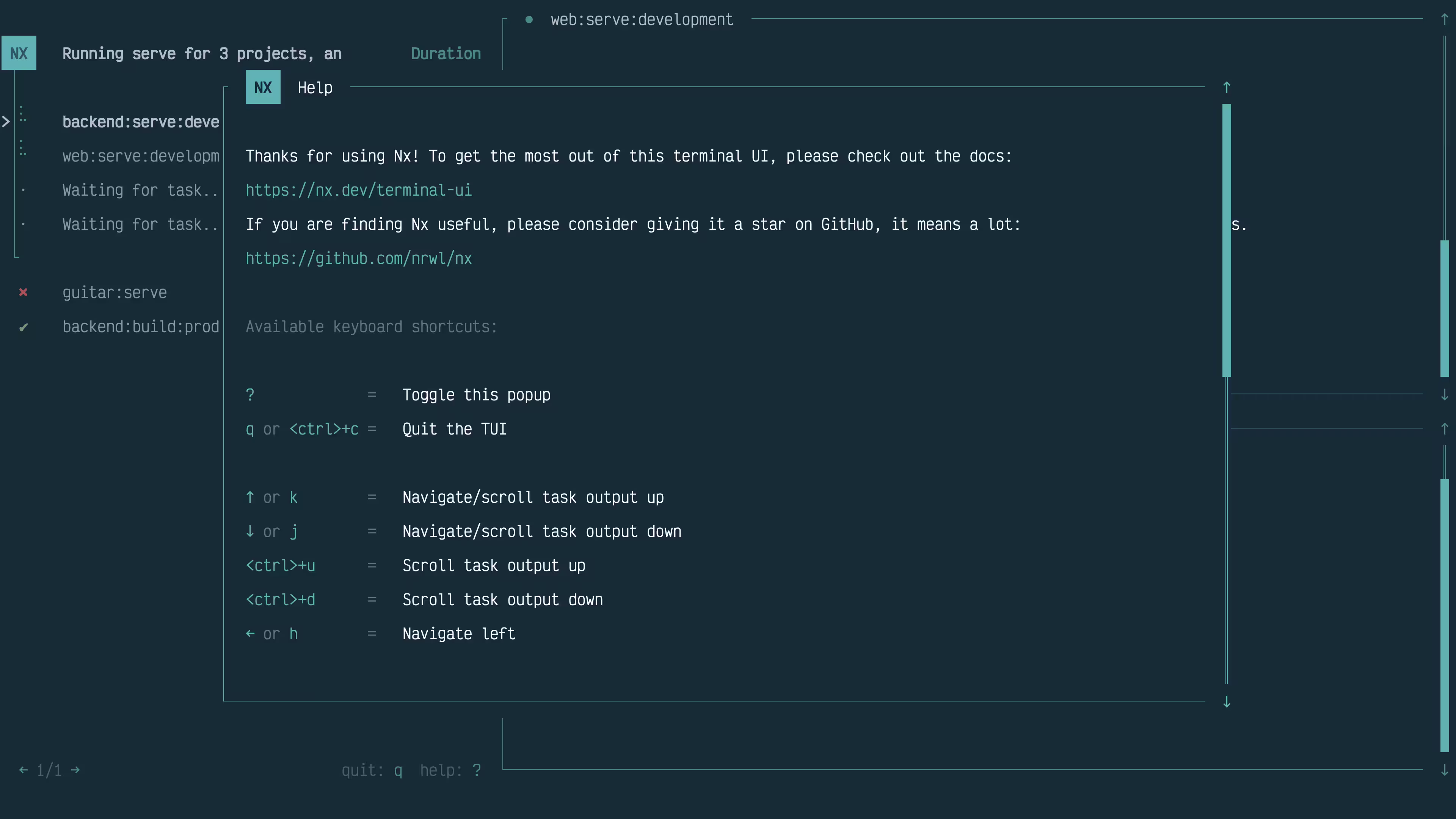 Screenshot of Nx Terminal UI's help screen