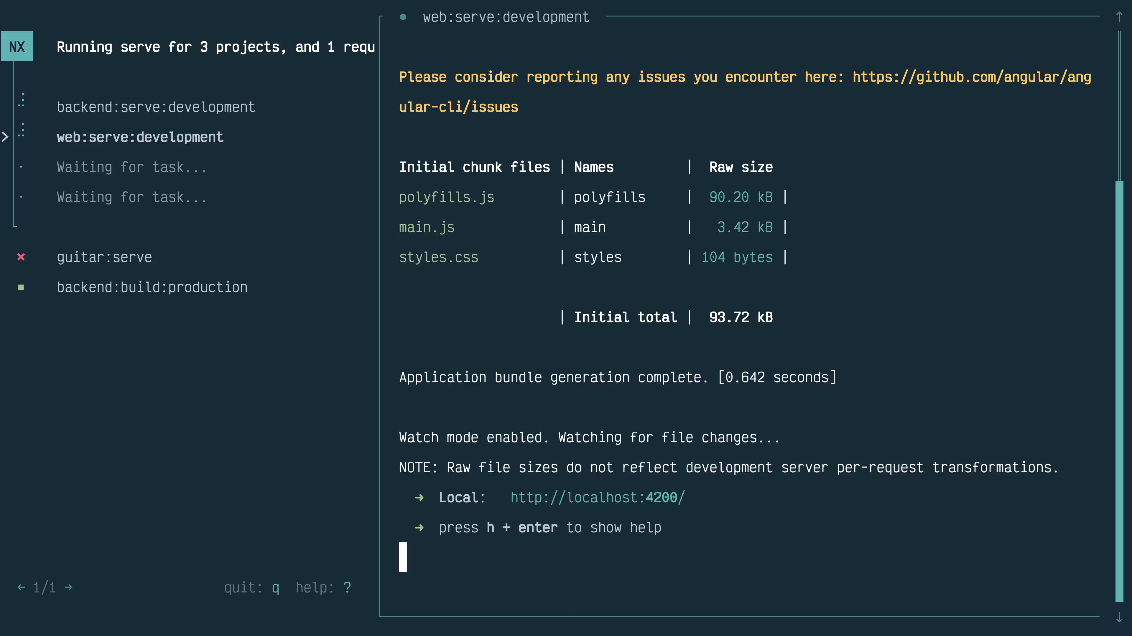 Screenshot of Nx Terminal UI showing how multiple running tasks appear in the sidebar
