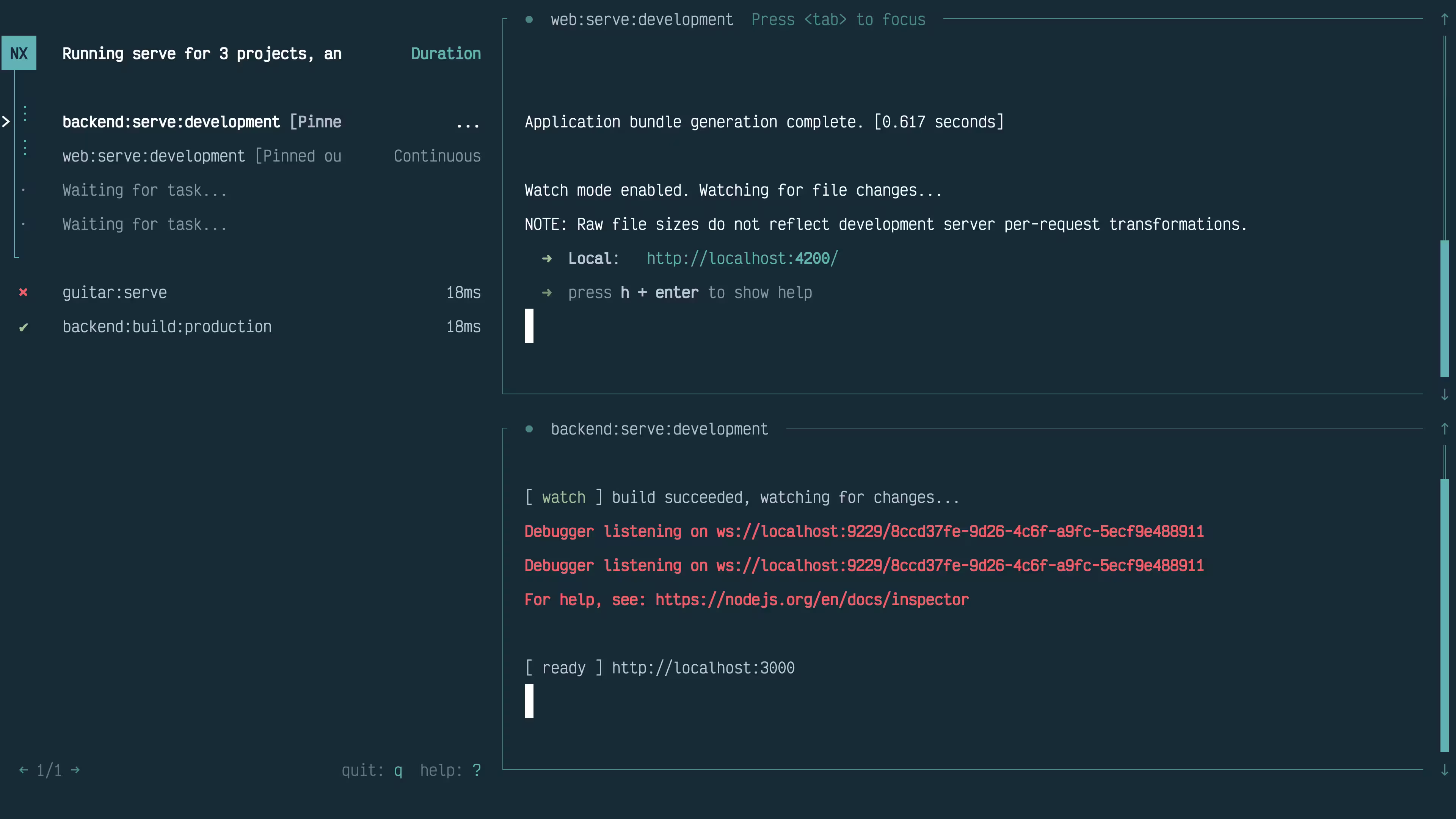 Screenshot of Nx Terminal UI showing how pinning tabs results in their logs being visible