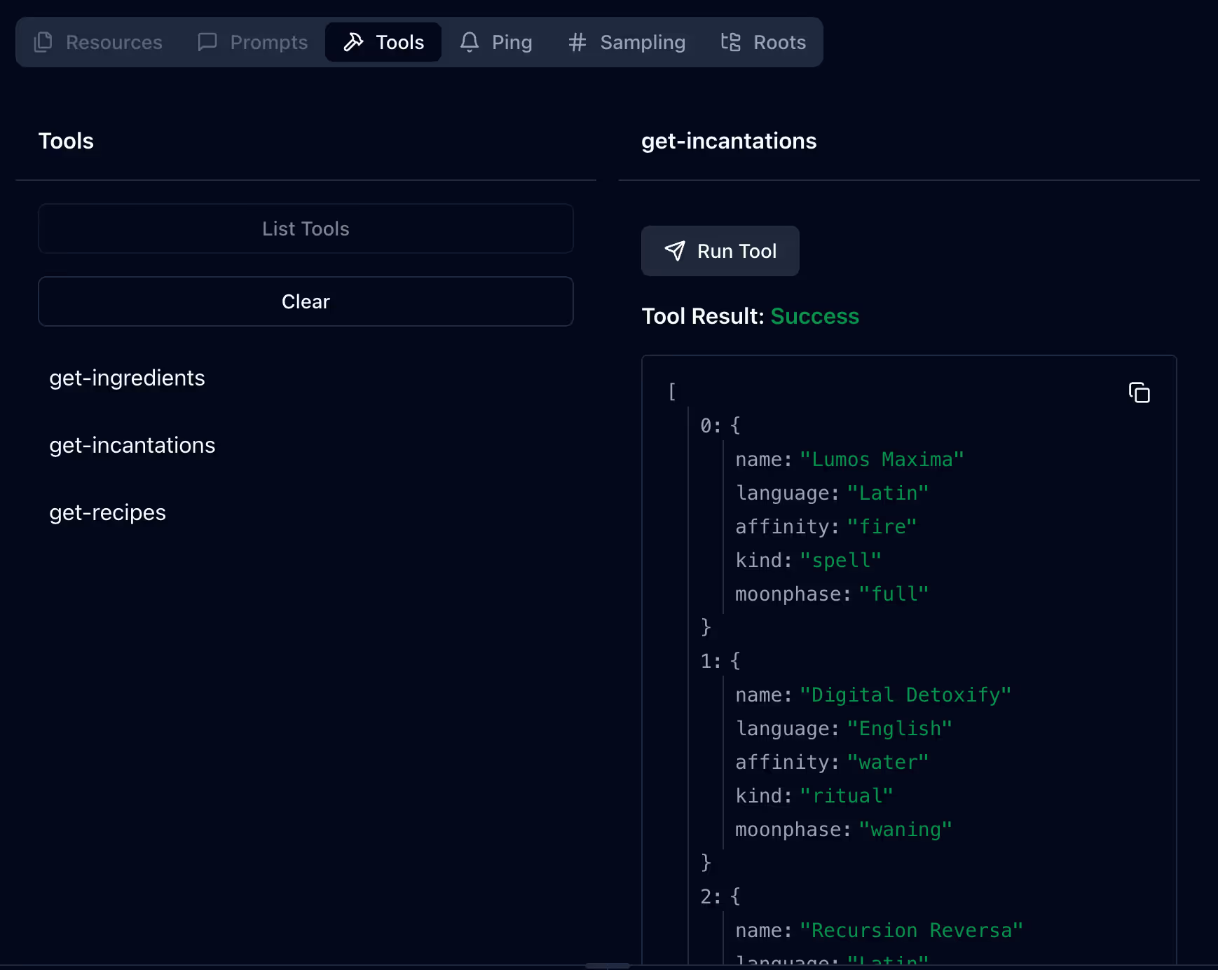 Screenshot of the MCP Inspector showing the available tools