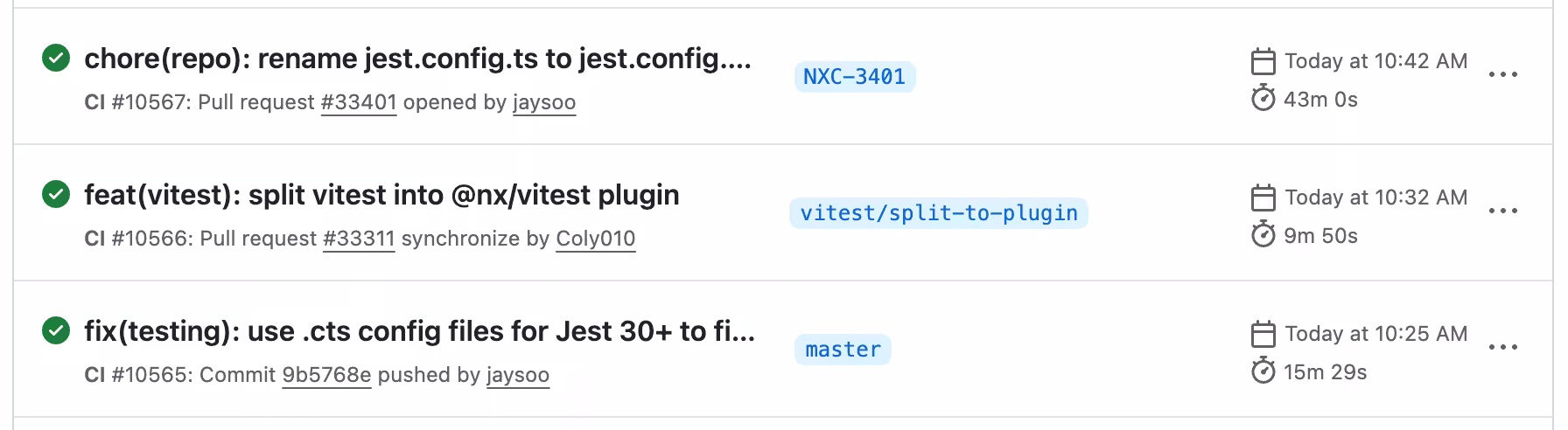Screenshots of several GitHub Actions runs with varying run times